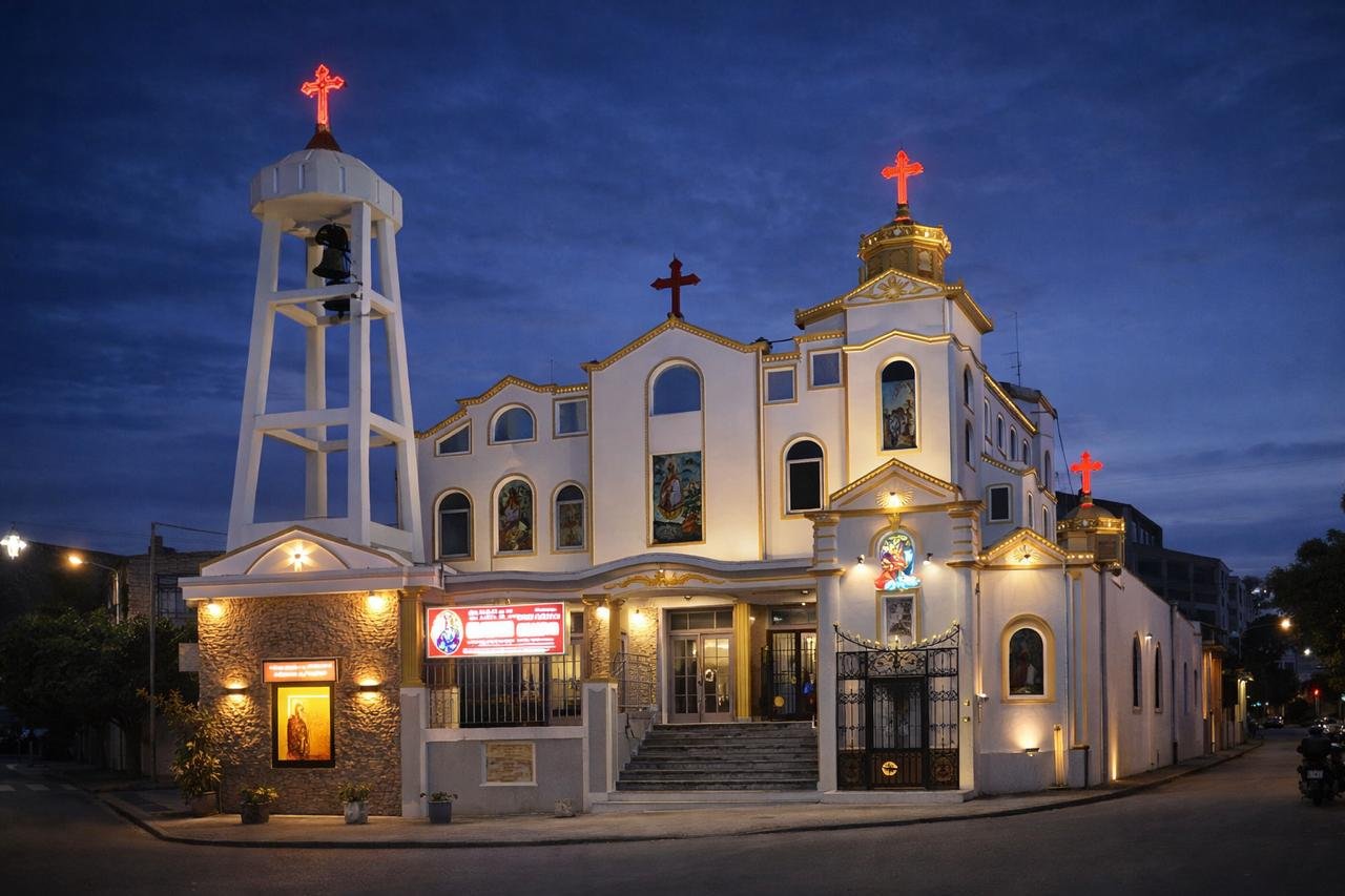 Our Lady of Health Church at dusk, its bell tower and illuminated crosses against a deep blue sky