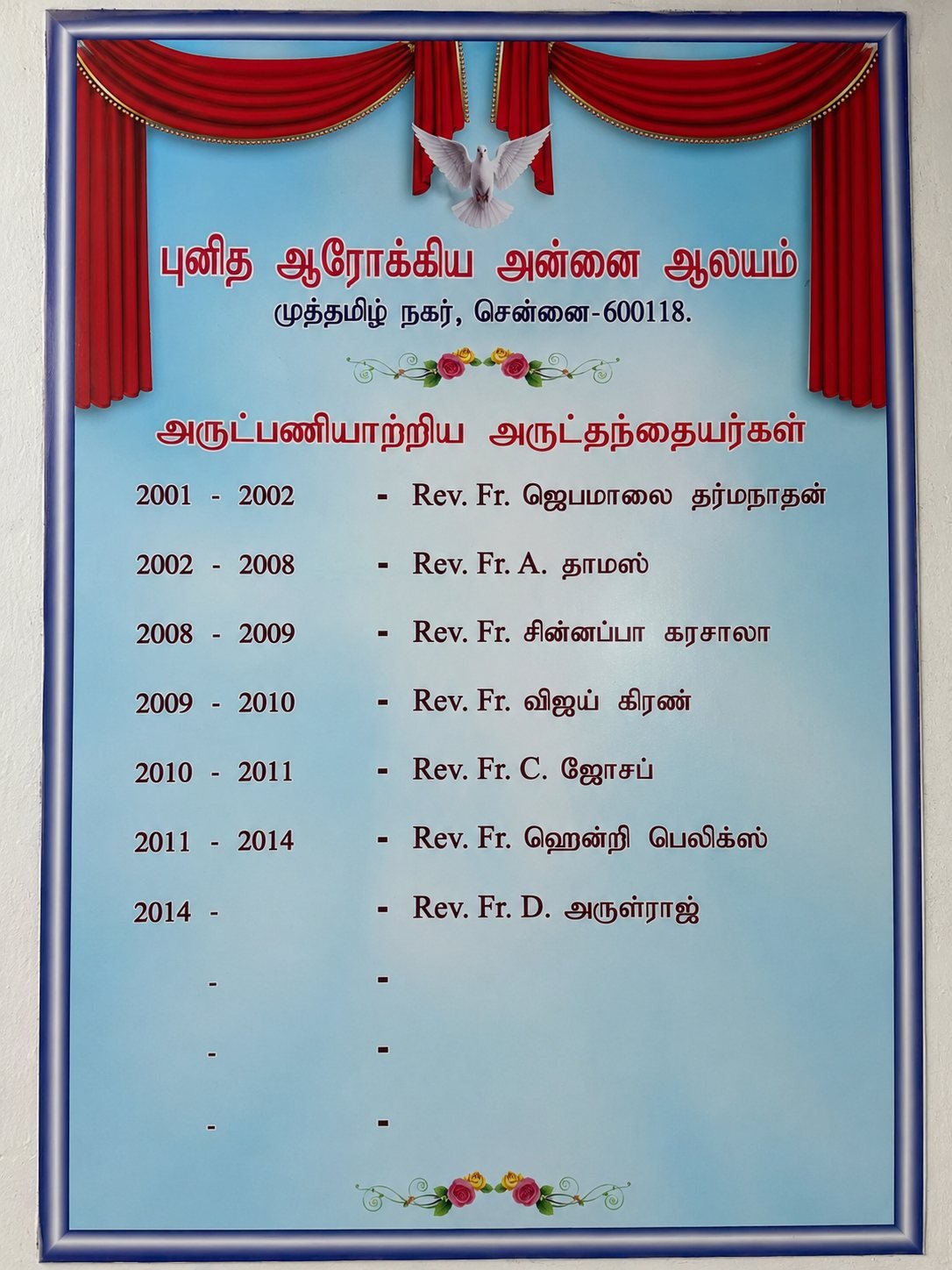 A painted board inside the church, headed in Tamil
                        'Punitha Arokia Annai Aalayam, Muthamizh Nagar,
                        Chennai 600118' and 'Priests who have served', listing
                        each parish priest from 2001 onwards with the years he
                        served.